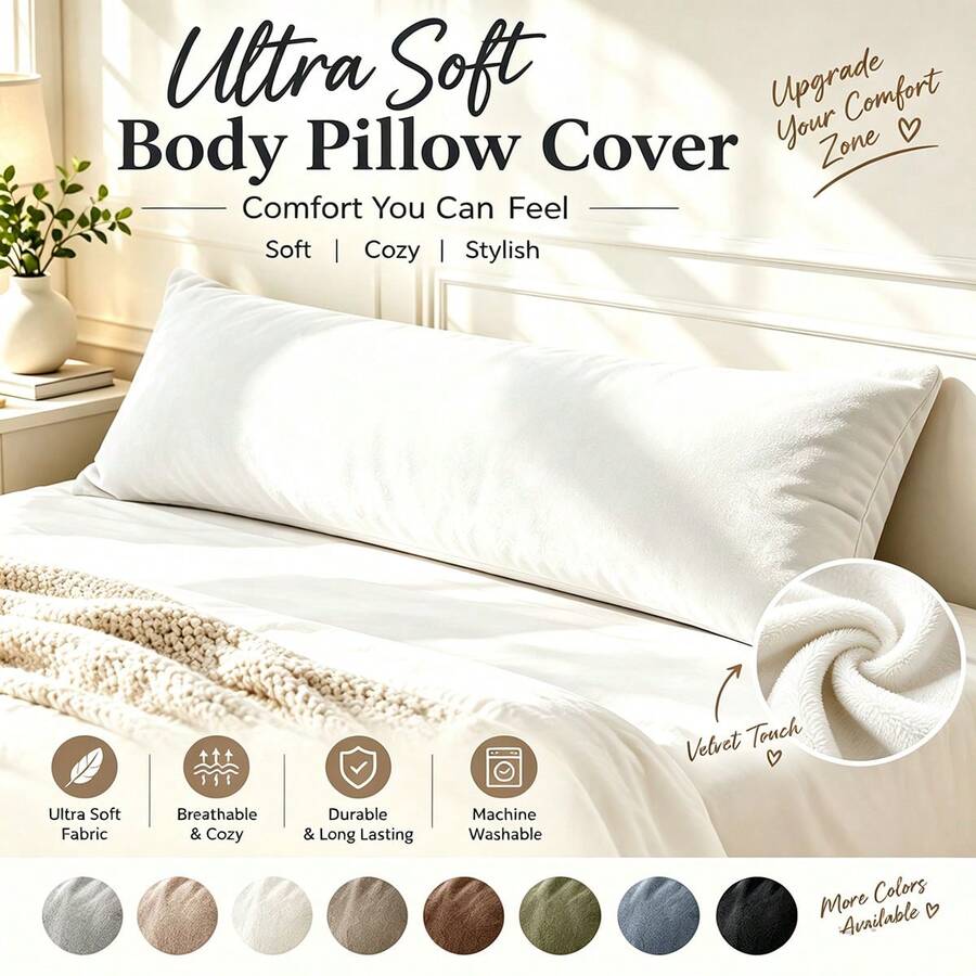 1PC Velvet Long Pillowcase, 20x54 Inch Soft Plush Sleeping Pillow Cover With Zipper, Long Bed Pillow Protector Case, Pillow Insert Not Included - Beige - View 1