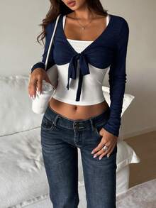 Women's Fashion 2 Pieces Set Short Cover Up With White Camisole Top, Long Sleeve Front Tie Short Shrug And Ribbed Tank Top Suitable For Autumn, Front Tie Short Cape With Camisole Tank Top, Slim Fit Y2K Date Outing Cover Up - Blue and White - View 5