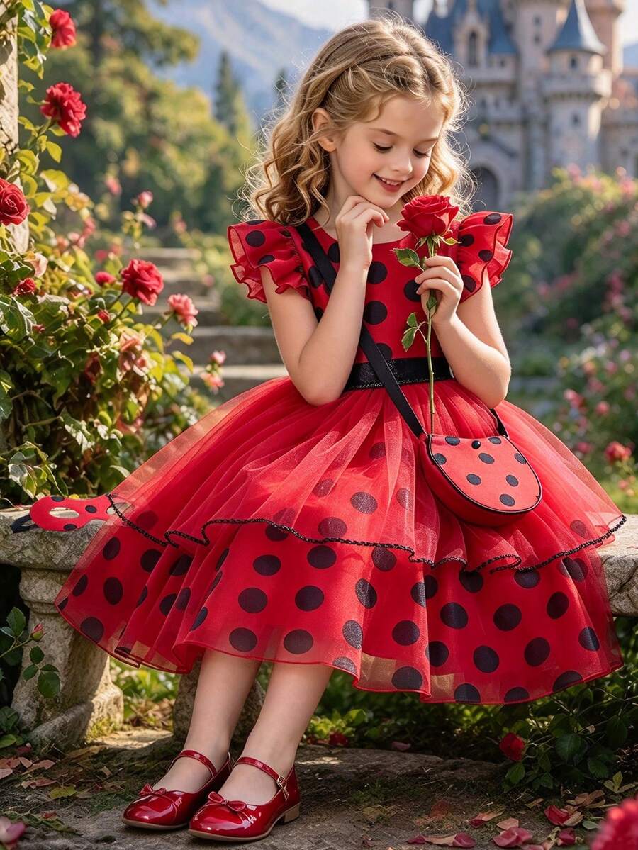 Christmas Carnival Easter Festival Red Polka Dot Costume Dress For Girls, Includes Eye Mask, Surprise Birthday Party Gift - Red - View 1