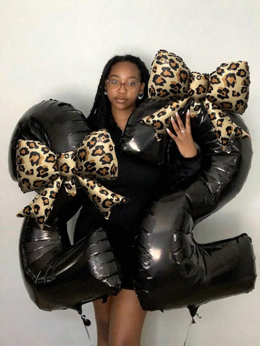 Black Number Party Balloon Set With Leopard Print Bows, Suitable For Birthday Party, Wedding Decoration, Anniversary, Holiday Celebration, Backdrop, Outdoor Party Atmosphere And Photo Decoration Supplies - Black Suit - View 1