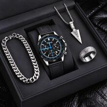 4pcs Fashion Men's Round Quartz Watch Set, PU Leather Strap, Bracelet, Ring, Necklace Simulated Display, Perfect Business Casual Accessory, Ideal Gift For Friends And Family (Box Not Included) - Blue - View 3