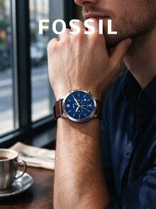 Fossil FS6018 Neutra Men's Quartz Chronograph Watch, 44mm Blue Dial With Brown Leather Strap - Silver - View 6