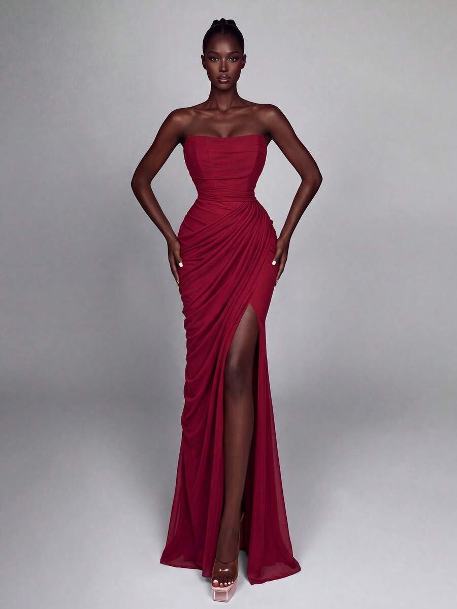 Elegant Strapless Long Dress, Fitted Bust Design, Draped Pleats, High Slit Mermaid Silhouette, Suitable For Photography, Beach And Vacation - Burgundy - View 1