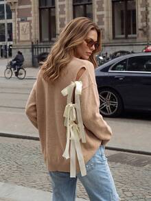 Oatmeal Round Neck Dropped Shoulder Sweater, Loose Slouchy Long Sleeve Soft Knit Casual Versatile Top - Khaki - View 3