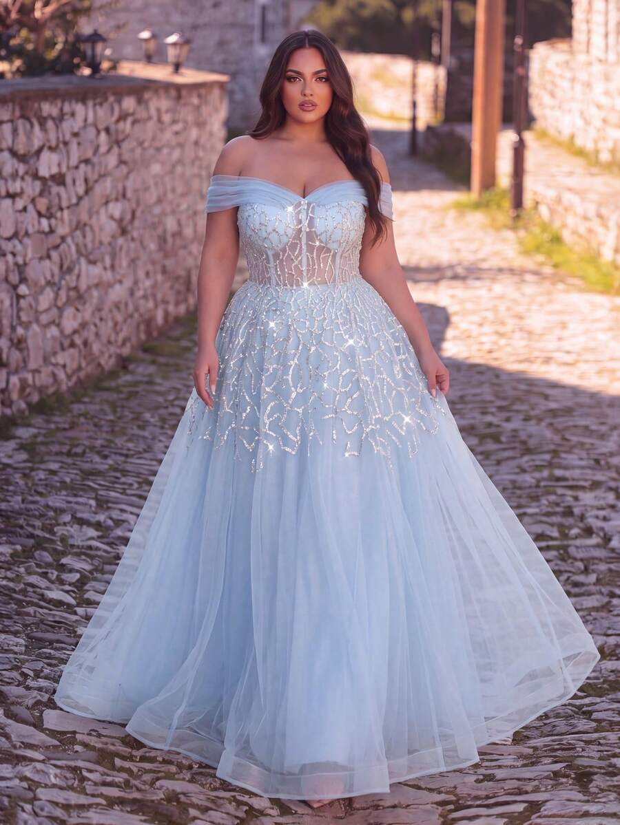 Plus Size Glamorous Luxurious Off-Shoulder Backless Tie-Up Mesh Overlay Beaded Formal Evening Gown