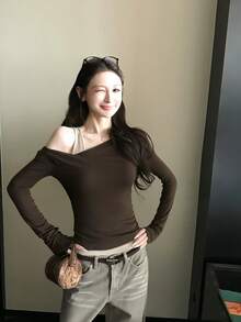 Women's Autumn/Winter Brown Faux Two-Piece Cold Shoulder Long Sleeve Knit T-Shirt, Slim Fit Flattering Base Layer Top - Coffee Brown - View 1