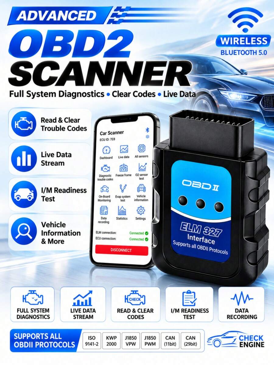 Wireless 5.2 OBD2 Scanner Car Diagnostic Tool, With Real-Time Data Stream, Read/Clear Fault Codes, Free Updates, Compatible With IOS/Android Apps, Suitable For Vehicles Compliant With OBD2 Standards (1996 And Later), Providing Complete System Scan, Accurate Fault Detection, Real-Time Data And Advanced Features To Ensure Your Vehicle Runs Smoothly, User-Friendly Interface, Essential For Your Vehicle - A - View 1