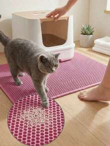 1pc Honeycomb Double Layer Cat Litter Mat, Waterproof Urine-Proof Litter Trapping Mat, Non-Slip Washable Floor Protector Pad For Cat Litter Box, Soft Durable Pet Cat Accessory - Pink - View 1