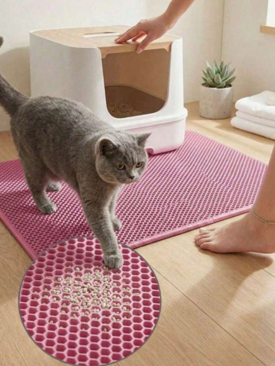 1pc Honeycomb Double Layer Cat Litter Mat, Waterproof Urine-Proof Litter Trapping Mat, Non-Slip Washable Floor Protector Pad For Cat Litter Box, Soft Durable Pet Cat Accessory - Pink - View 1