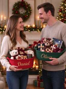 Customized Name Christmas Gift Basket, Customized Name Gift Set, Christmas Gift Packaging (Transparent Bag & Ribbon), Corduroy "Christmas Eve" Gift Basket, Foldable Storage Basket With Handle, Christmas Decoration - Multicolor - View 4