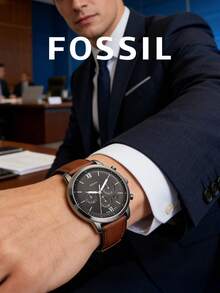 Fossil FS5512 Men's Quartz Chronograph Watch, Grey Dial With Roman Numerals, Brown Strap, Date Display, Business Casual Watch - Black - View 4