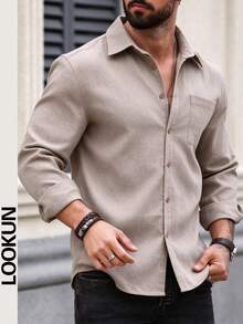 Lookun Men's Turn-Down Collar Long Sleeve Shirt With Button Placket And Patch Pocket Decor, Urban Casual Style, Spring/Autumn/Winter - Brown - View 3