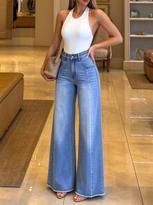 Women's Casual Elegant Washed Denim Wide Leg Pants, Frayed Hem Long Jeans - Medium Wash - View 2