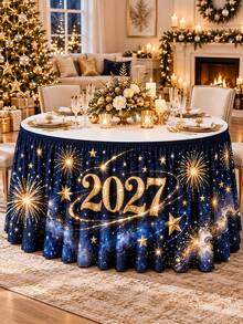 1件 2027新年桌裙，海軍藍金色煙花星星星系印花聚酯纖維荷葉邊桌裙，優雅長方形桌飾，適用於跨年倒數派對、自助餐桌、甜點桌、宴會及節日居家裝飾 - C - 查看 8