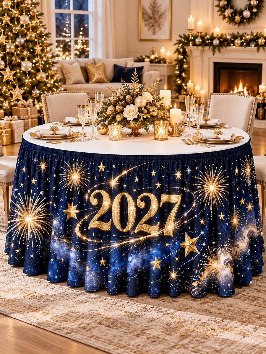 1pc 2027 New Year Table Skirt, Navy Blue Gold Fireworks Star Galaxy Print Polyester Ruffled Table Skirting, Elegant Rectangular Table Decor For New Year Eve Countdown Party, Buffet Table, Dessert Table, Banquet And Holiday Home Decoration - C - View 1