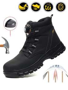 Unisex Top Steel Toe Work Boots, Rotary Quick Lace Buckle, Anti-Smashing & Anti-Puncture Work Shoes For Construction Warehouse Outdoor - Black - View 2