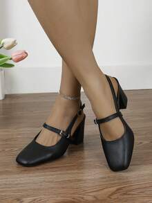 XBYASDF 女款黑色露背 7cm 粗跟高跟鞋，復古方頭可調節綁帶鞋，適合通勤、派對與約會 - 黑色 - 查看 5