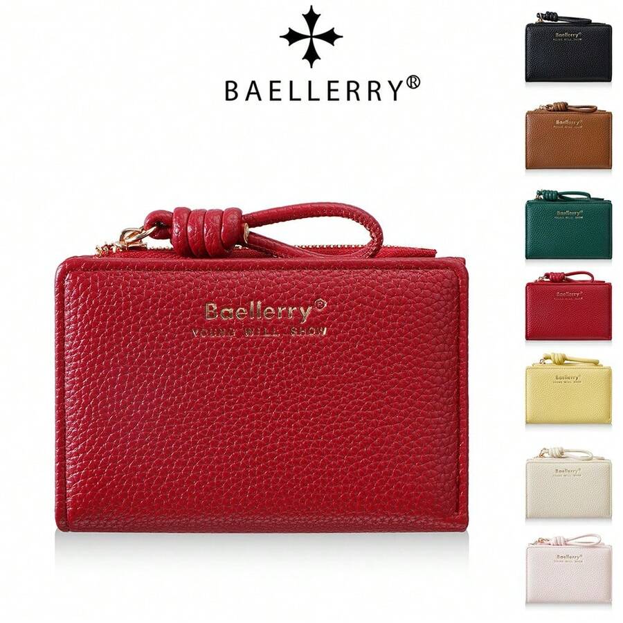 1pc-Baellerry Women's Short Wallet, PU Leather With Wrist Strap, Lychee Textured Casual Wallet, Lightweight Elegant Minimalist Daily Carry Wallet
