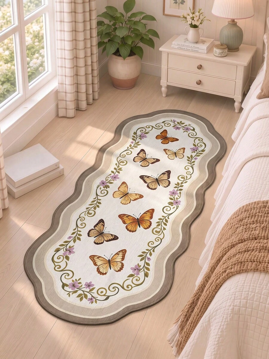 DAJIANG 1pc Vintage Butterfly Floral Print Rug, Suitable For Bathroom, Kitchen, Hallway, Bedroom, Living Room, Bedside Mat, Machine Washable Easy To Clean, Non-Slip Backing, Bedroom Decor Mat, Autumn/Winter Style