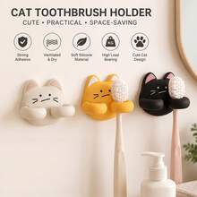 Cute Cat Toothbrush Holder, Wall-Mounted Self-Adhesive Silicone Bathroom Storage, Quick Drainage Space-Saving Multi-Purpose Wall Shelf, Suitable For Toothbrushes, Makeup Brushes, Razors - Multicolor - View 1