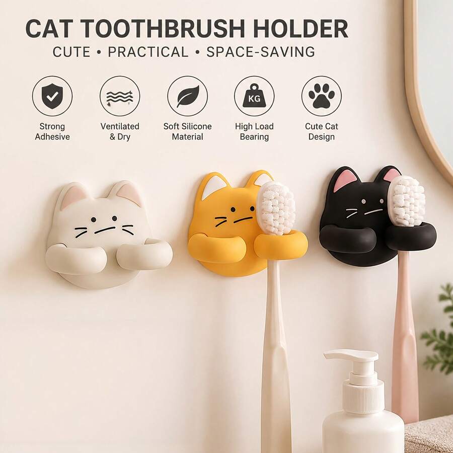 Cute Cat Toothbrush Holder, Wall-Mounted Self-Adhesive Silicone Bathroom Storage, Quick Drainage Space-Saving Multi-Purpose Wall Shelf, Suitable For Toothbrushes, Makeup Brushes, Razors - Multicolor - View 1