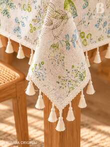 Boho Floral Botanical Print Tablecloth With Handmade Tassels, Rectangular Decor Table Cover, Cute Aesthetic Table Linen For Kitchen, Dining, Picnic, Home Decor - Golden Branch and Jade Leaf - View 5