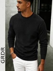 GRDR Men's Black Half-High Round Neck Vertical Ribbed Ribbed Knit Sweater, Autumn/Winter Long Sleeve Minimalist Base Layer - Black - View 11