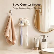 Cute Cat Toothbrush Holder, Wall-Mounted Self-Adhesive Silicone Bathroom Storage, Quick Drainage Space-Saving Multi-Purpose Wall Shelf, Suitable For Toothbrushes, Makeup Brushes, Razors - Multicolor - View 6