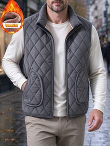 Men's Thermal Lined Diamond Quilted Vintage Comfortable Minimalist Pocket Vest - Grey - View 2