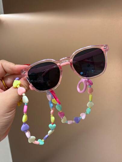 1 Pair Personalized Geometric Stud Cute Children's Fashion Glasses, Paired With 1 Colorful Heart-Shaped Glasses Chain (Bead Color Random), Suitable For Girls, Used For Holiday Parties, Costume Balls, Outdoor Travel, Beach Vacations, Photography Props, Daily Wear Decoration Fashion Essential, Performance Shooting And Other Occasions, Ideal Gift For Children.
