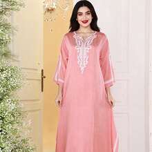 JALABIYA Heavy Embroidery Minimalist 3/4 Sleeve Slit Design Pink Long Robe, Fashionable Elegant Women's Autumn Dress - Pink - View 3