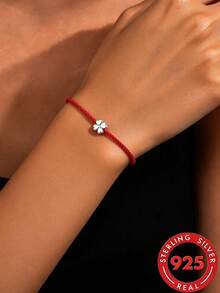1pc S925 Sterling Silver Elegant Gentle Fresh Clover Red String Bracelet For Women, Minimalist Versatile Adjustable Hand Rope, Niche Exquisite Daily Commute Wear, Thoughtful Gift For Girlfriend, Best Friend, Birthday - Four Leaf Clover - View 1
