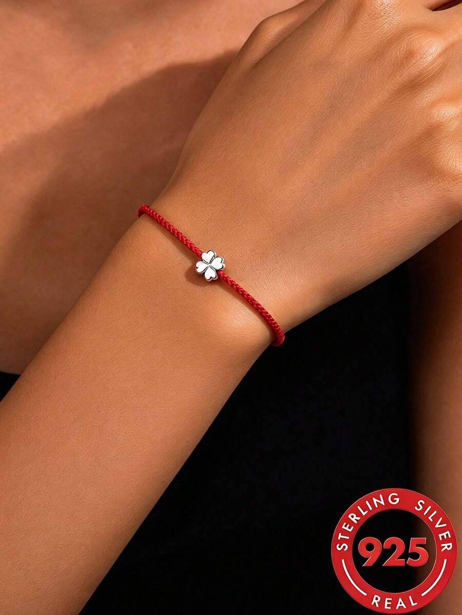 1pc S925 Sterling Silver Elegant Gentle Fresh Clover Red String Bracelet For Women, Minimalist Versatile Adjustable Hand Rope, Niche Exquisite Daily Commute Wear, Thoughtful Gift For Girlfriend, Best Friend, Birthday - Four Leaf Clover - View 1