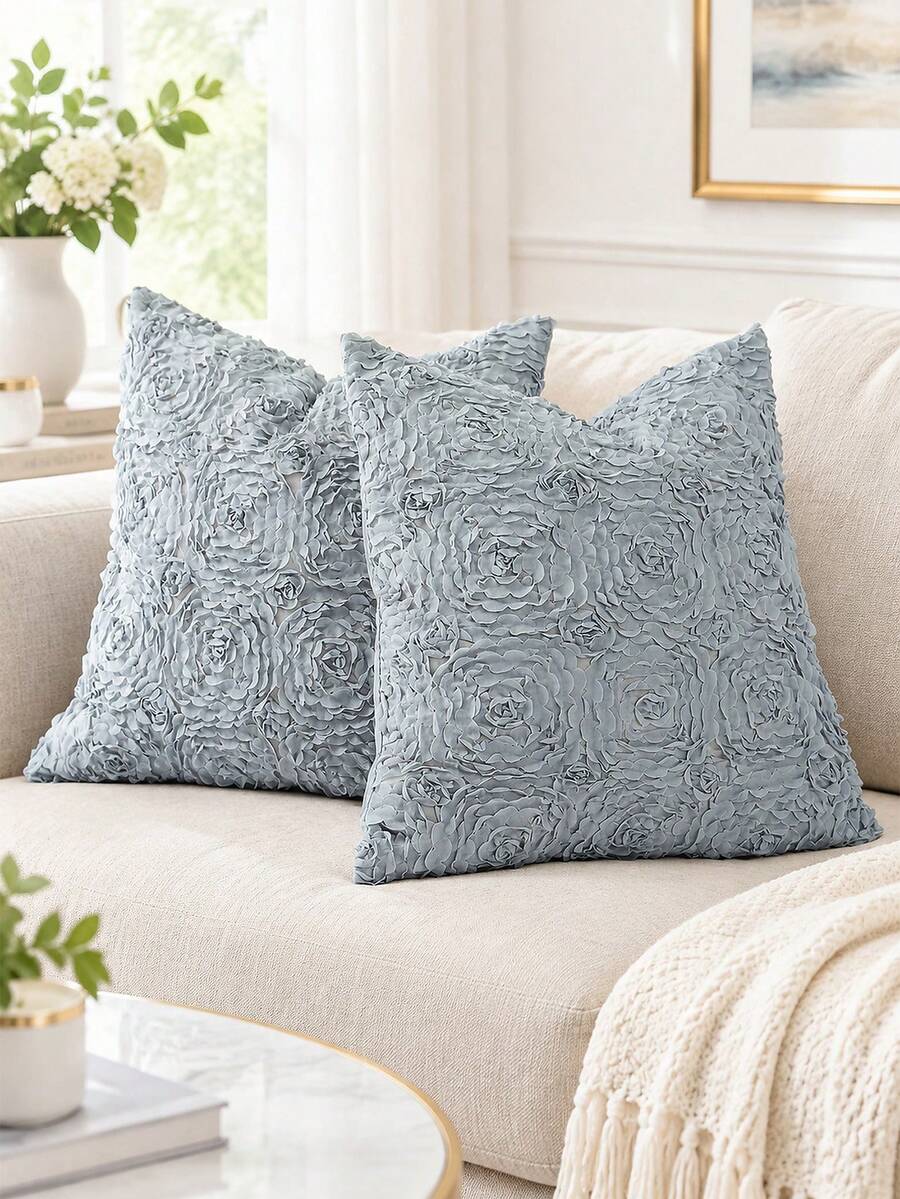 2pcs Solid Color Embroidered Fabric Pillow Covers, Modern Minimalist Polyester Square Cushion Covers For Living Room Home Decor - Dusty Blue - View 1