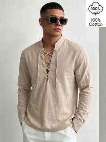 WAIT HIM 100% Pure Cotton Men's Casual Solid Color Half-Placket Tie-Waist Long Sleeve Shirt - Apricot - View 2