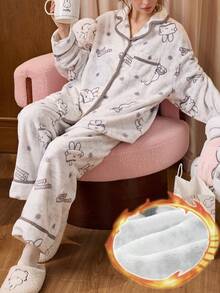 Gongdie MIFFY 2 Pieces Women's Flannel Pajama Set,Winter Grey Fleece Loungewear With Ribbed Trim And Pocket - Light Grey - View 4