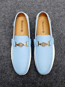 GAISIMA Men's Colorblock Loafers, Gold Metal H-Buckle Slip-On Shoes, Business Casual Driving Shoes, Suitable For Spring And Autumn Daily Wear - Baby Blue - View 4