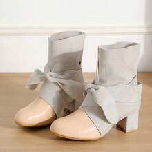 Women's Beige & Apricot Colorblock Patchwork Ankle Boots, Round Toe, Wrap-Around Lace-Up With Bow, Chunky Mid Heel, Sweet Aesthetic Fashion Boots For Autumn/Winter - Beige - View 6