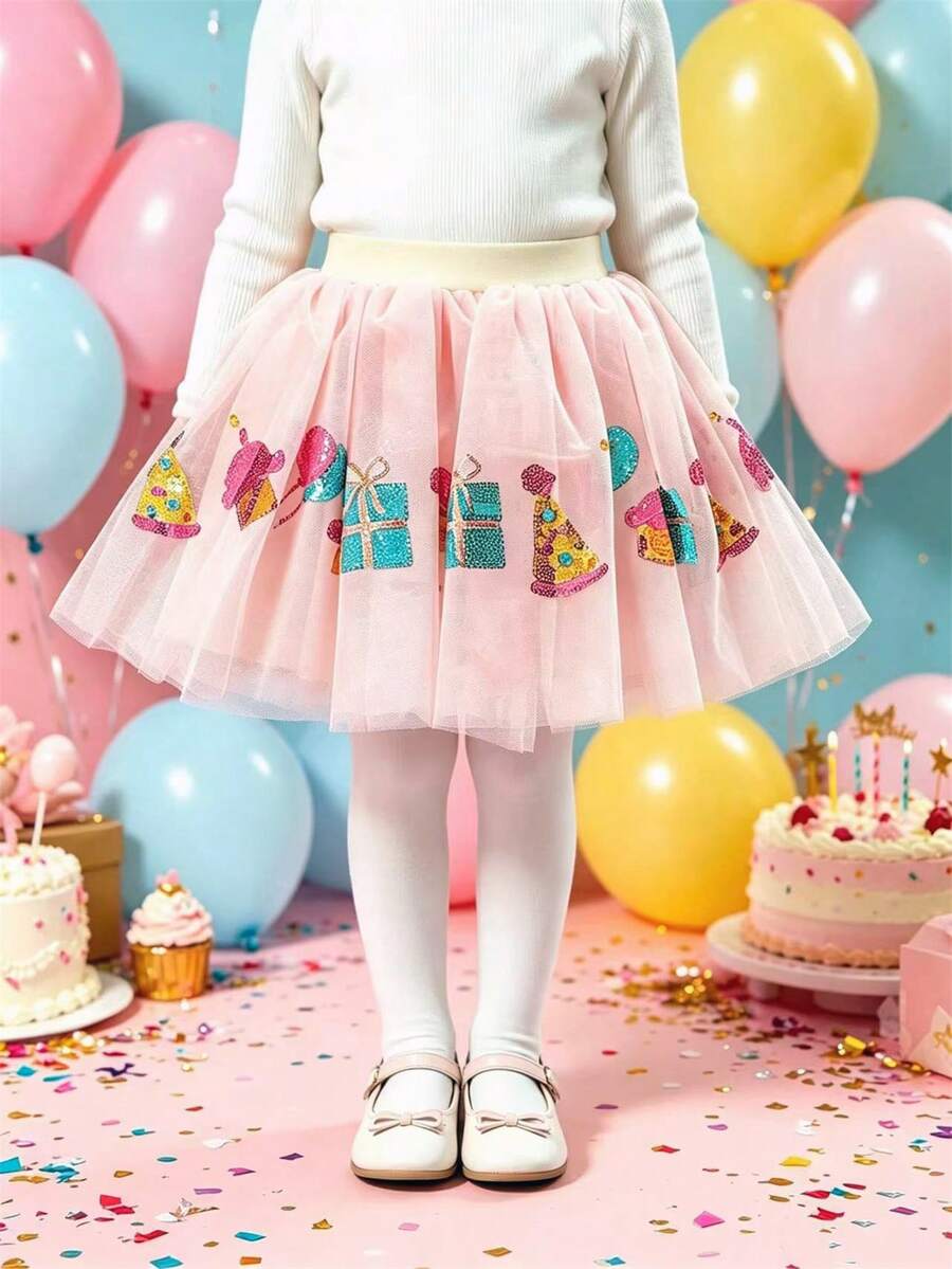 Girls Birthday Theme Sequin Dress, Children Princess Cake Party Skirt - Pink - View 1