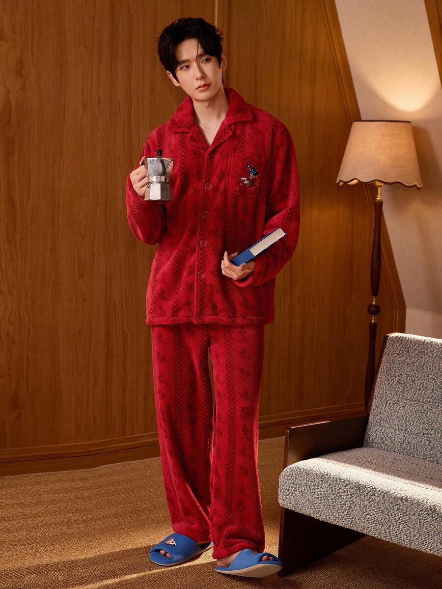 Gongdie Disney 2 Pieces Matching Couple Christmas Flannel Pajama Set For Men,Red Holiday PJs Fleece Loungewear With Pocket - Red - View 1