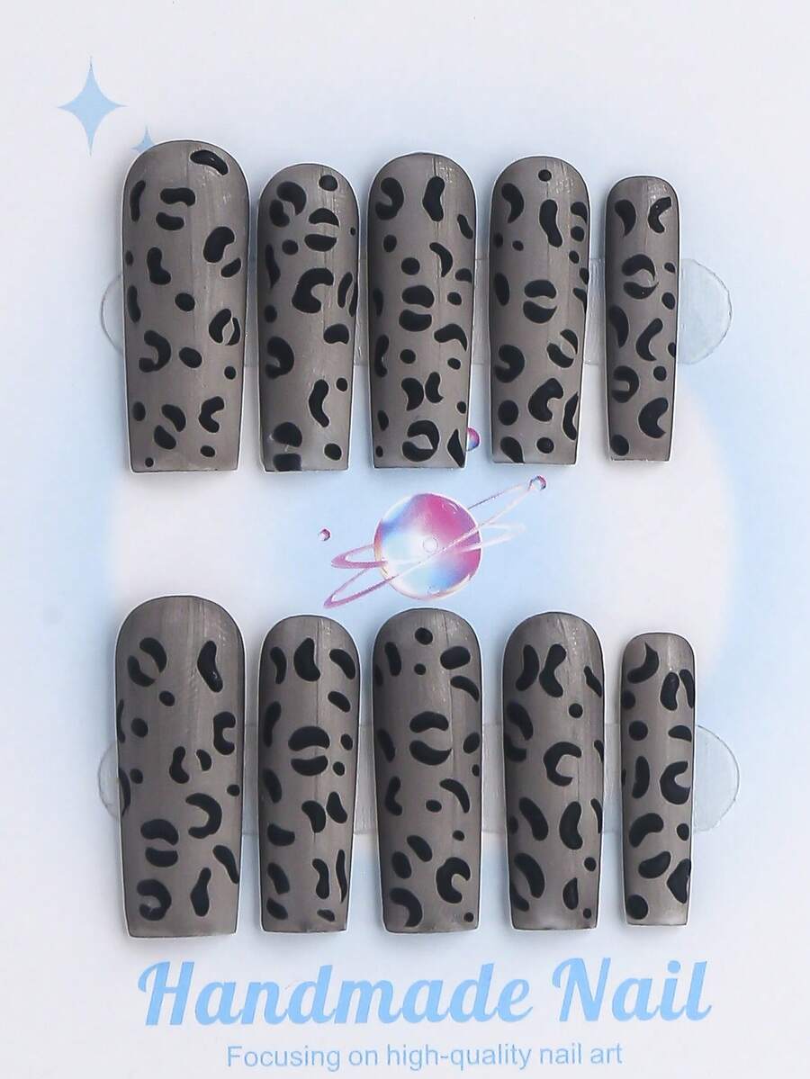 10PCS-Handmade Press On Nails,Coffin Shape, Fall Nails,Nail Art,Y2K Style, Reusable,Grey,Paired With French Style, 3D Design, Suitable For Wedding,Autumn,Winter,Daily Wear, Parties, Vacations, And Also The Best Holiday Gift For Women. - Grey - View 1