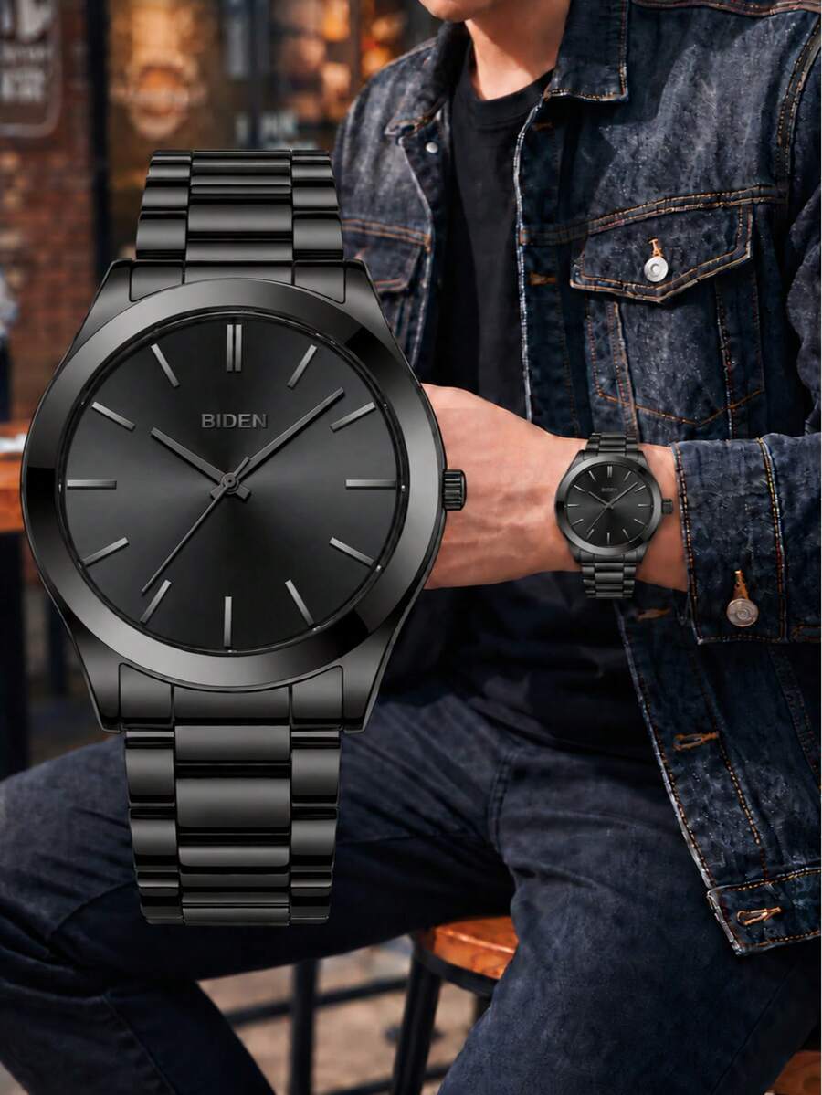 BIDEN 1pc Waterproof Stainless Steel Strap Analog Quartz Watch, Simple Business Watch For Men, Gift