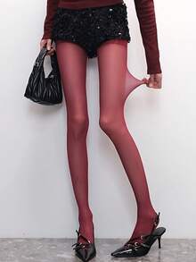 1 Pair Spring/Summer Burgundy Thin Sheer Tights, Transparent High Elasticity Slim Fit, Fashionable Versatile, Suitable For Daily And Party Wear - Burgundy - View 6