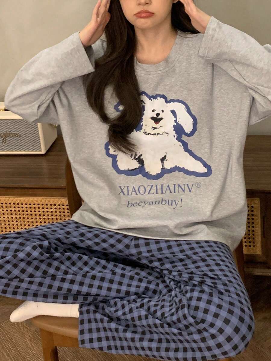 2pcs Women's Pajamas Loungewear Set, Pullover Cute Animal Print Round Neck Long Sleeve Pants, Comfortable For Home - Grey - View 1
