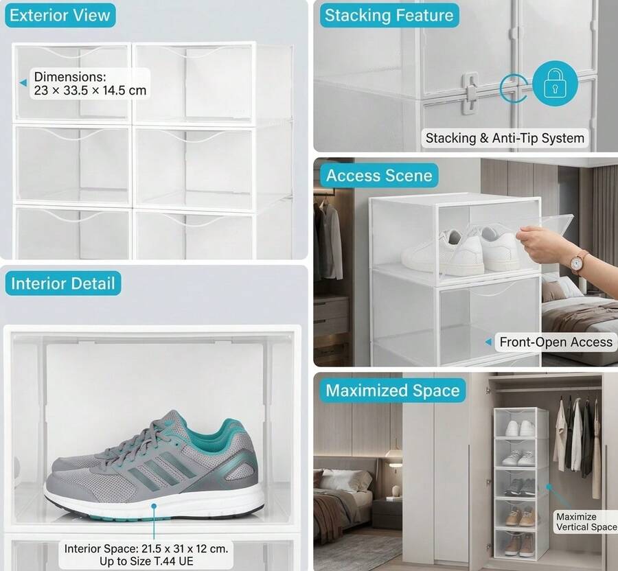 ColorBaby AKTIVE Clear Plastic Shoe Boxes (Pack Of 6) - Stackable And Anti-Tip Shoe Organizer, Modular Shoe Rack With Front Drop-Down Opening For Wardrobe, Up To EU Size 44, 23x33.5x14.5 Cm - View 1