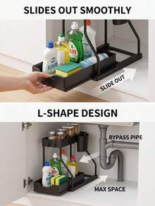 1/2pcs Double-Layer L-Shaped Under-Sink Pull-Out Storage Rack With Sliding Drawer, Black/White Organizer Shelf, Multi-Functional Cabinet Storage Rack With Hooks And Storage Cup, Sliding Drawer Organizer For Bathroom And Kitchen Under-Sink - Multicolor - View 3