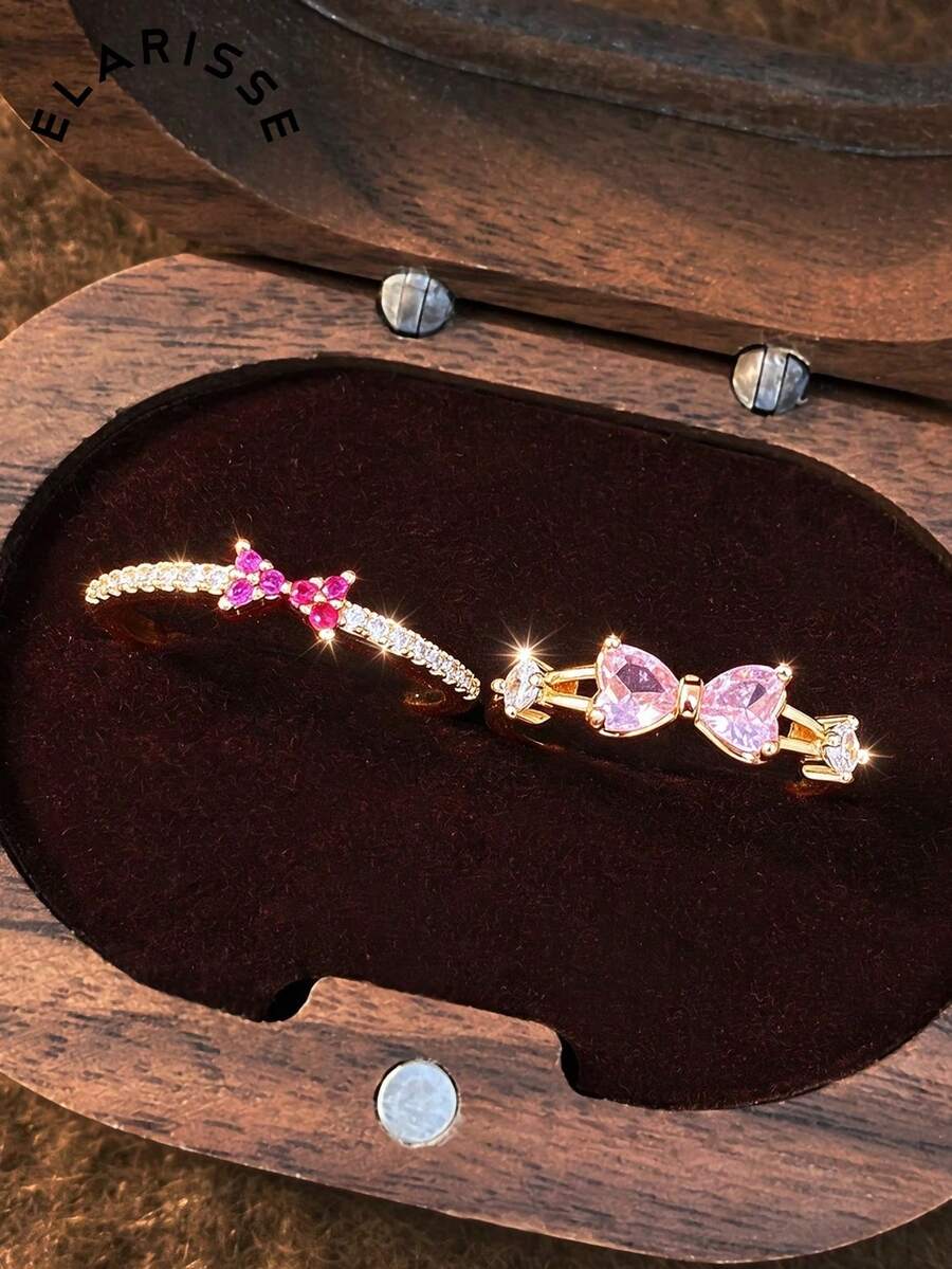 2pcs Fashionable Elegant Cubic Zirconia Bow Copper Alloy Ring Set Suitable For Women Party Gathering Wear