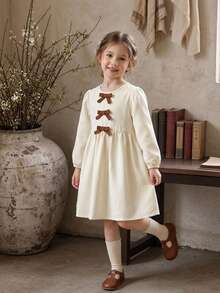 Young Girls Cute Bow Long Sleeve Fall Dress Fashion Casual Wear Spring Clothes For Young Girl - Beige - View 1