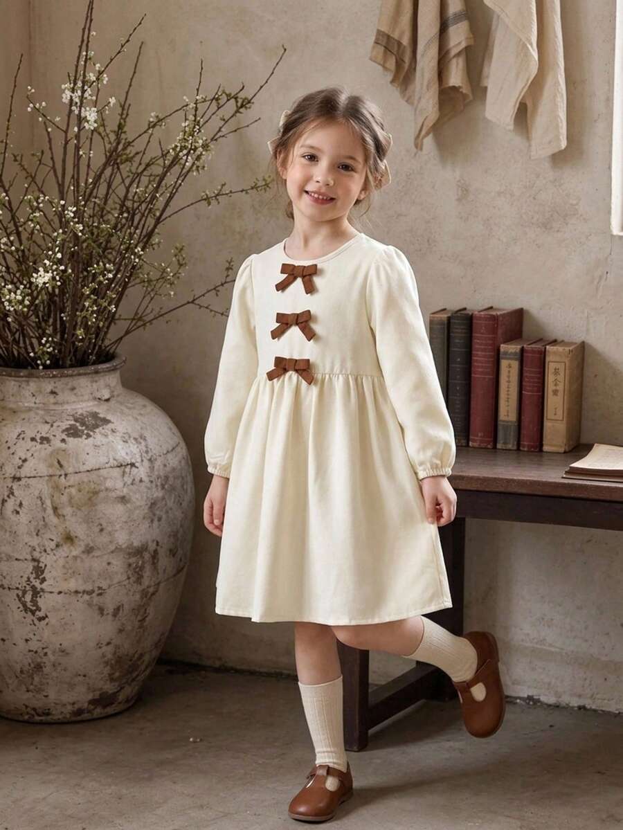 Young Girls Cute Bow Long Sleeve Fall Dress Fashion Casual Wear Spring Clothes For Young Girl - Beige - View 1