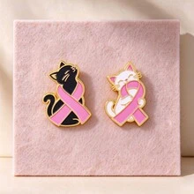 Cute Cat Pink Ribbon Enamel Pin, Breast Cancer Awareness Kitty Brooches, Black White Cat Lapel Badges For Backpack Jacket Hat, Lovely Gift For Friends - Multicolor - View 3